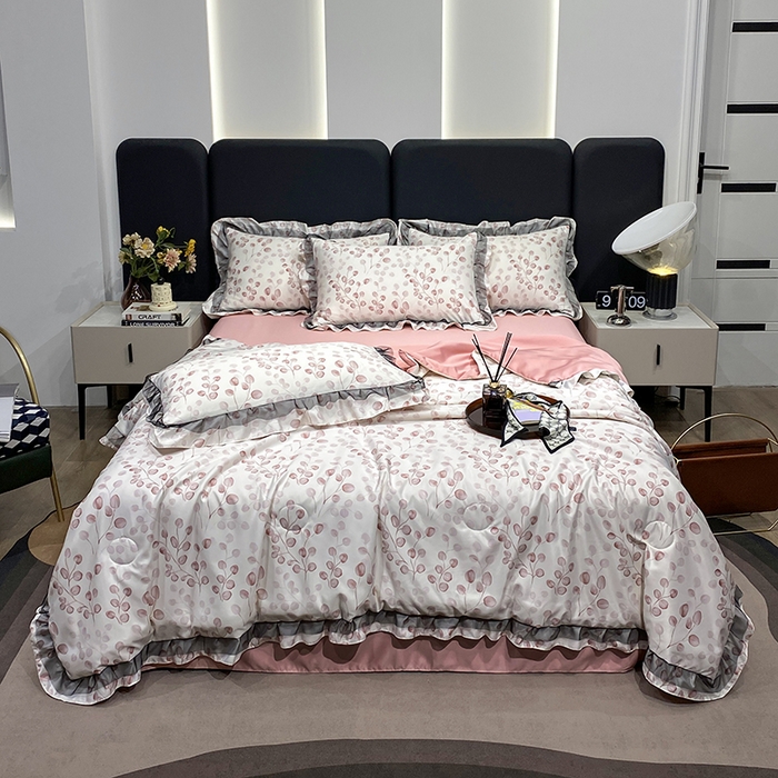 91家纺网 家纺一手货源 找家纺 宇彬家纺 2025直播新品水洗真丝冰丝双层花边天丝夏被夏天空调被夏凉被可水洗单夏被枕套三件套床单夏被四件套 迷雾森林 粉