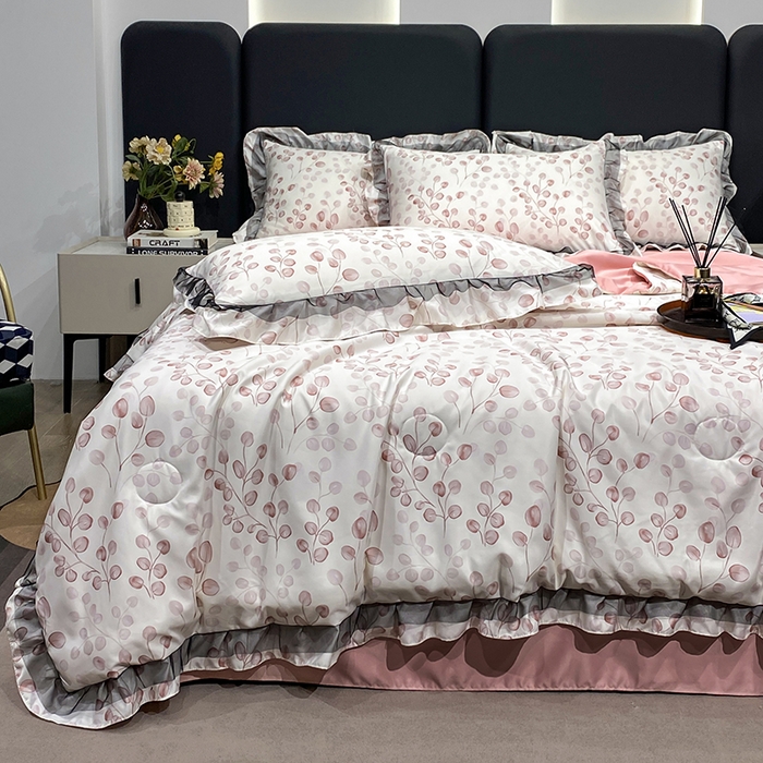 91家纺网 家纺一手货源 找家纺 宇彬家纺 2025直播新品水洗真丝冰丝双层花边天丝夏被夏天空调被夏凉被可水洗单夏被枕套三件套床单夏被四件套 迷雾森林 粉