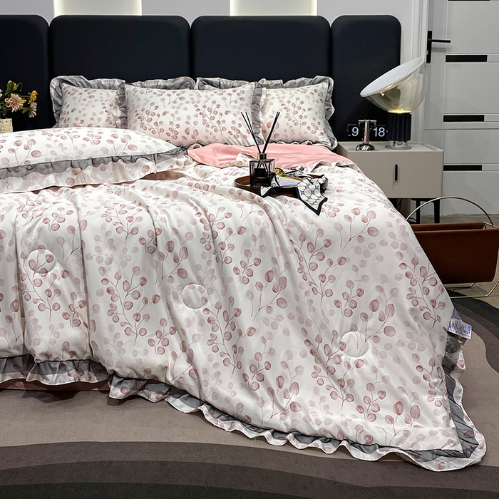 91家纺网 家纺一手货源 找家纺 宇彬家纺 2025直播新品水洗真丝冰丝双层花边天丝夏被夏天空调被夏凉被可水洗单夏被枕套三件套床单夏被四件套 迷雾森林 粉