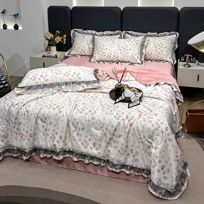 91家纺网 家纺一手货源 找家纺 宇彬家纺 2025直播新品水洗真丝冰丝双层花边天丝夏被夏天空调被夏凉被可水洗单夏被枕套三件套床单夏被四件套 迷雾森林 粉