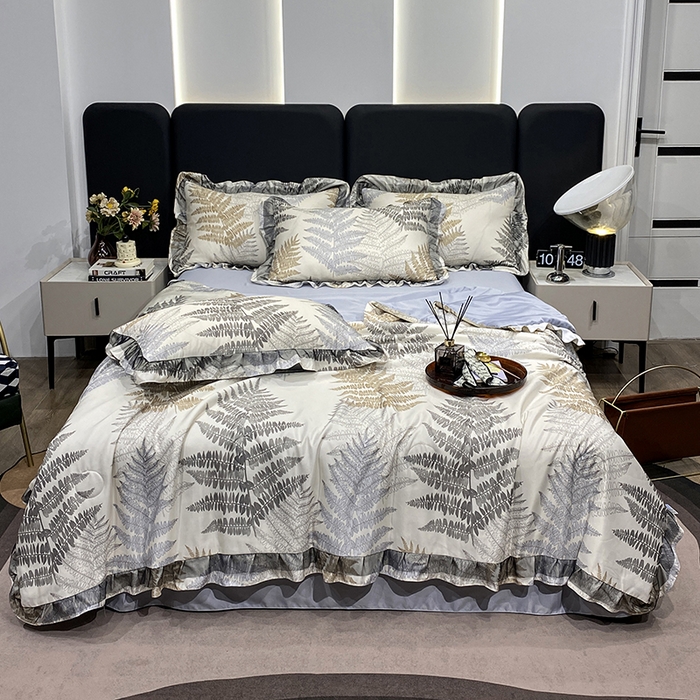 91家纺网 家纺一手货源 找家纺 宇彬家纺 2025直播新品水洗真丝冰丝双层花边天丝夏被夏天空调被夏凉被可水洗单夏被枕套三件套床单夏被四件套 暮光森林 灰