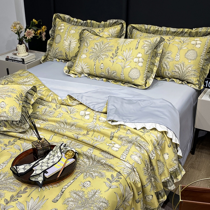 91家纺网 家纺一手货源 找家纺 宇彬家纺 2025直播新品水洗真丝冰丝双层花边天丝夏被夏天空调被夏凉被可水洗单夏被枕套三件套床单夏被四件套 热带雨林