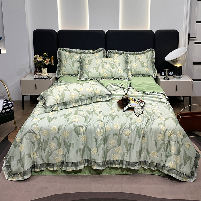 91家纺网 家纺一手货源 找家纺 宇彬家纺 2025直播新品水洗真丝冰丝双层花边天丝夏被夏天空调被夏凉被可水洗单夏被枕套三件套床单夏被四件套 香郁（绿）