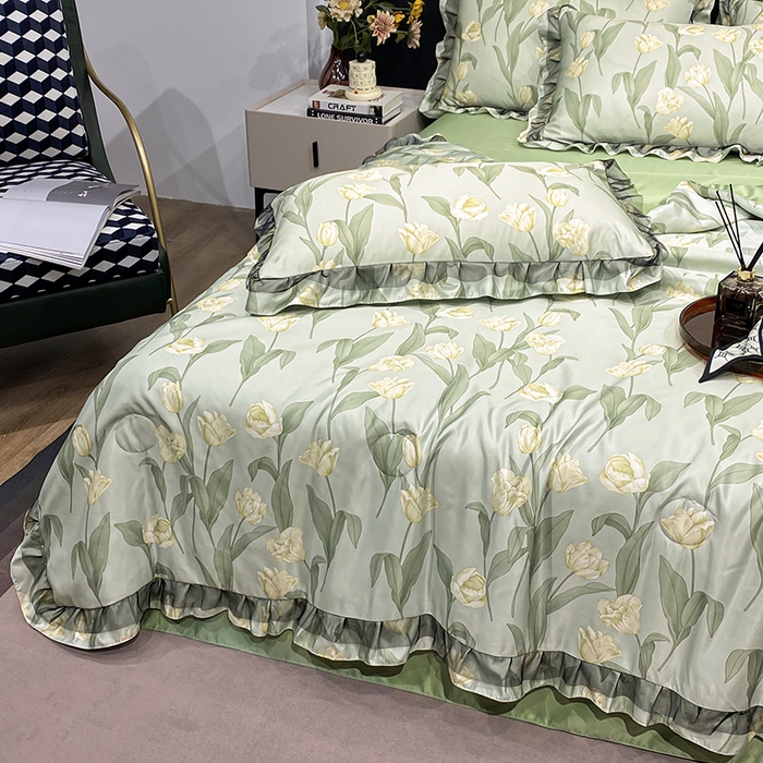 91家纺网 家纺一手货源 找家纺 宇彬家纺 2025直播新品水洗真丝冰丝双层花边天丝夏被夏天空调被夏凉被可水洗单夏被枕套三件套床单夏被四件套 香郁（绿）