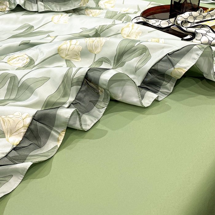 91家纺网 家纺一手货源 找家纺 宇彬家纺 2025直播新品水洗真丝冰丝双层花边天丝夏被夏天空调被夏凉被可水洗单夏被枕套三件套床单夏被四件套 香郁（绿）