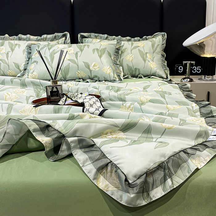 91家纺网 家纺一手货源 找家纺 宇彬家纺 2025直播新品水洗真丝冰丝双层花边天丝夏被夏天空调被夏凉被可水洗单夏被枕套三件套床单夏被四件套 香郁（绿）