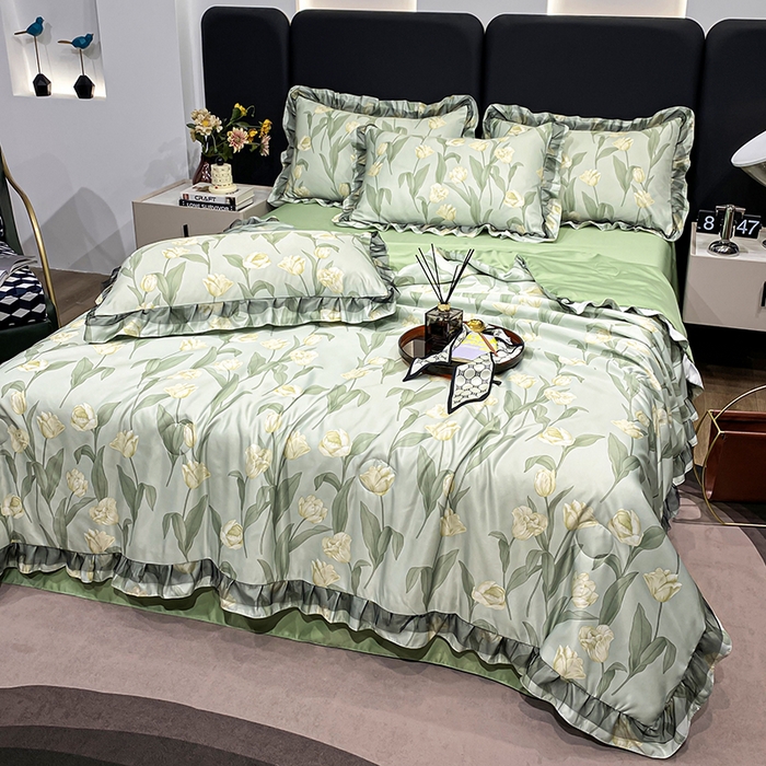 91家纺网 家纺一手货源 找家纺 宇彬家纺 2025直播新品水洗真丝冰丝双层花边天丝夏被夏天空调被夏凉被可水洗单夏被枕套三件套床单夏被四件套 香郁（绿）