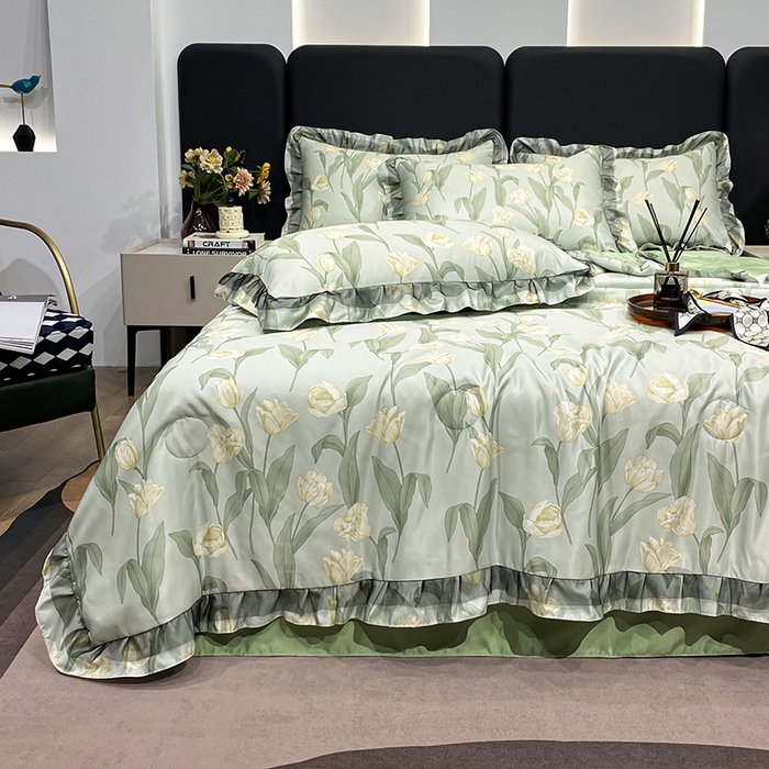 91家纺网 家纺一手货源 找家纺 宇彬家纺 2025直播新品水洗真丝冰丝双层花边天丝夏被夏天空调被夏凉被可水洗单夏被枕套三件套床单夏被四件套 香郁（绿）