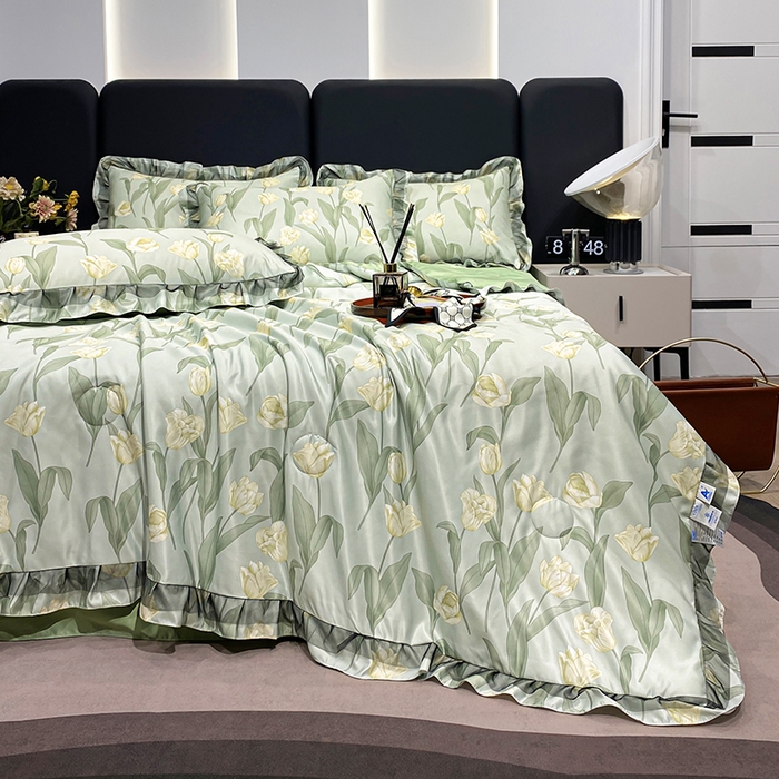 91家纺网 家纺一手货源 找家纺 宇彬家纺 2025直播新品水洗真丝冰丝双层花边天丝夏被夏天空调被夏凉被可水洗单夏被枕套三件套床单夏被四件套 香郁（绿）