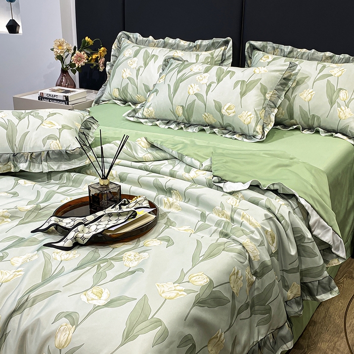 91家纺网 家纺一手货源 找家纺 宇彬家纺 2025直播新品水洗真丝冰丝双层花边天丝夏被夏天空调被夏凉被可水洗单夏被枕套三件套床单夏被四件套 香郁（绿）