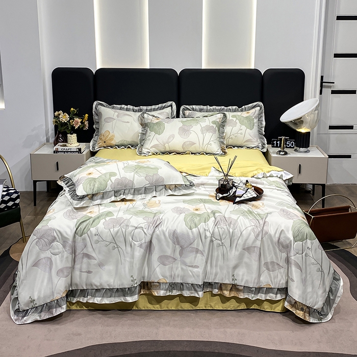 91家纺网 家纺一手货源 找家纺 宇彬家纺 2025直播新品水洗真丝冰丝双层花边天丝夏被夏天空调被夏凉被可水洗单夏被枕套三件套床单夏被四件套 幽梦（黄绿）