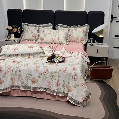 91家纺网 家纺一手货源 找家纺 宇彬家纺 2025直播新品水洗真丝冰丝双层花边天丝夏被夏天空调被夏凉被可水洗单夏被枕套三件套床单夏被四件套 乐芙 粉