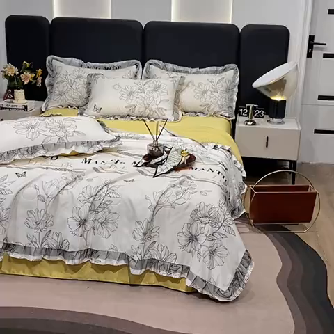91家纺网 家纺一手货源 找家纺 宇彬家纺 2025直播新品水洗真丝冰丝双层花边天丝夏被夏天空调被夏凉被可水洗单夏被枕套三件套床单夏被四件套 花漾 米
