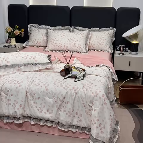 91家纺网 家纺一手货源 找家纺 宇彬家纺 2025直播新品水洗真丝冰丝双层花边天丝夏被夏天空调被夏凉被可水洗单夏被枕套三件套床单夏被四件套 迷雾森林 粉