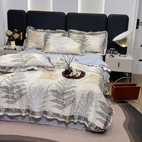 91家纺网 家纺一手货源 找家纺 宇彬家纺 2025直播新品水洗真丝冰丝双层花边天丝夏被夏天空调被夏凉被可水洗单夏被枕套三件套床单夏被四件套 暮光森林 灰