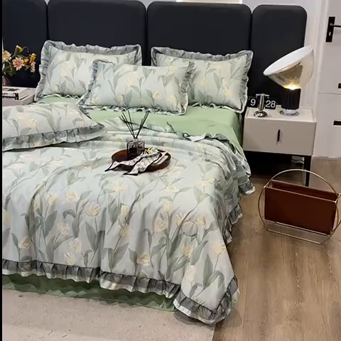 91家纺网 家纺一手货源 找家纺 宇彬家纺 2025直播新品水洗真丝冰丝双层花边天丝夏被夏天空调被夏凉被可水洗单夏被枕套三件套床单夏被四件套 香郁（绿）