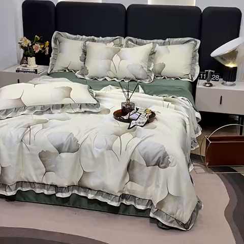 91家纺网 家纺一手货源 找家纺 宇彬家纺 2025直播新品水洗真丝冰丝双层花边天丝夏被夏天空调被夏凉被可水洗单夏被枕套三件套床单夏被四件套 银杏