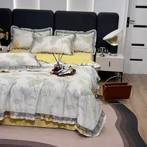 91家纺网 家纺一手货源 找家纺 宇彬家纺 2025直播新品水洗真丝冰丝双层花边天丝夏被夏天空调被夏凉被可水洗单夏被枕套三件套床单夏被四件套 幽梦（黄绿）