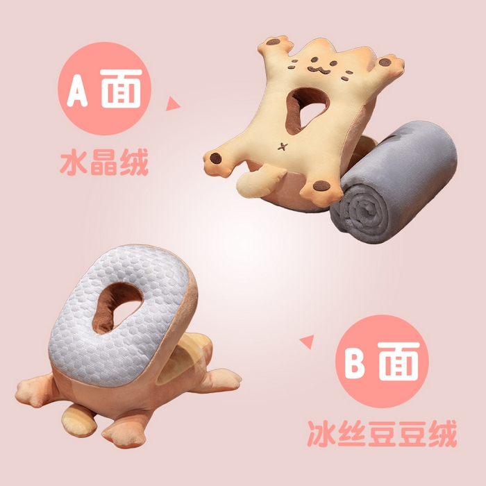 91家纺网 家纺一手货源 找家纺 仟亿莱 2025新款喵咪烤面包冰豆豆双面午睡枕 炭烤味双面喵喵
