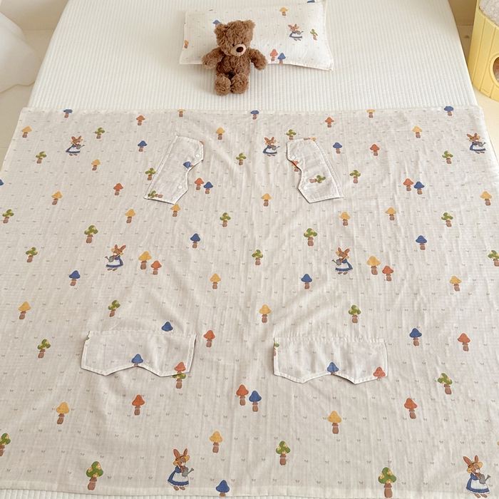 91家纺网 家纺一手货源 找家纺 BOSS 2025新款全棉有氧双层纱多功能防踢盖毯被 花园小兔