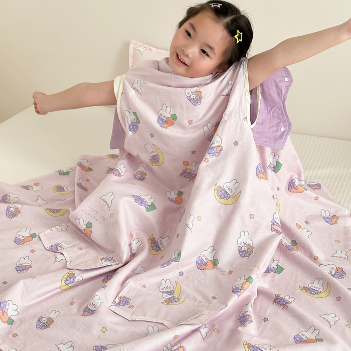 91家纺网 家纺一手货源 找家纺 BOSS 2025新款全棉有氧双层纱多功能防踢盖毯被 晚安兔