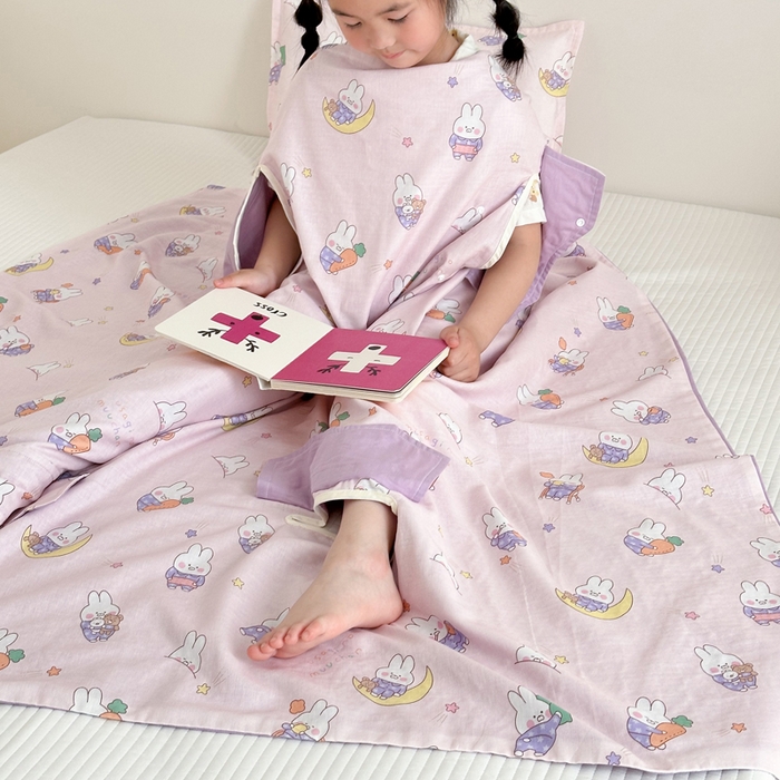 91家纺网 家纺一手货源 找家纺 BOSS 2025新款全棉有氧双层纱多功能防踢盖毯被 晚安兔