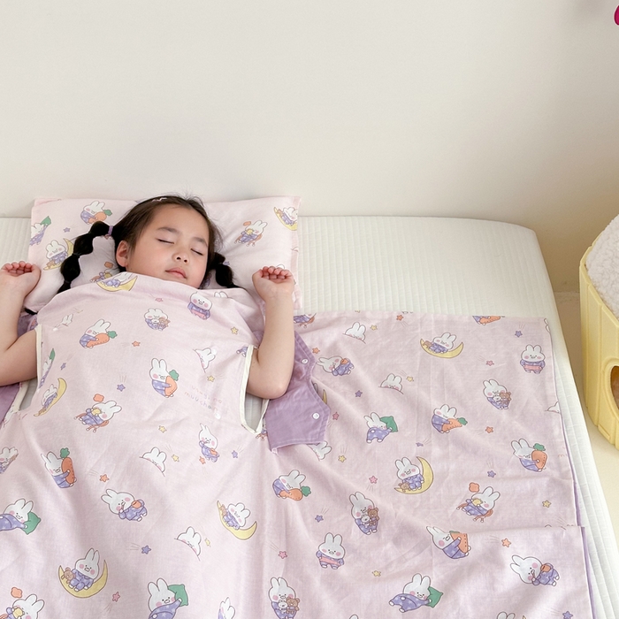 91家纺网 家纺一手货源 找家纺 BOSS 2025新款全棉有氧双层纱多功能防踢盖毯被 晚安兔