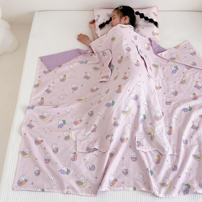 91家纺网 家纺一手货源 找家纺 BOSS 2025新款全棉有氧双层纱多功能防踢盖毯被 晚安兔