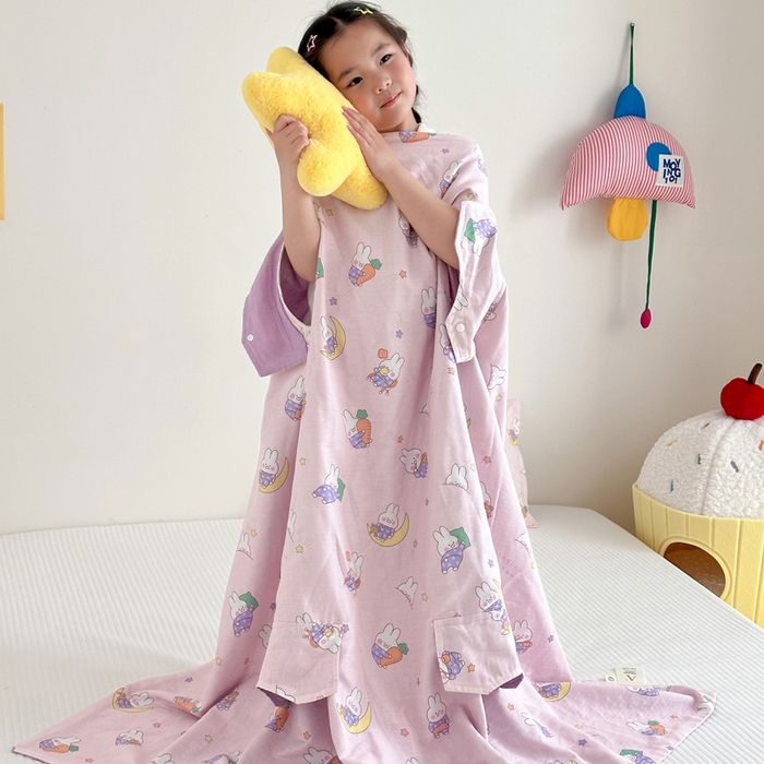 91家纺网 家纺一手货源 找家纺 BOSS 2025新款全棉有氧双层纱多功能防踢盖毯被 晚安兔