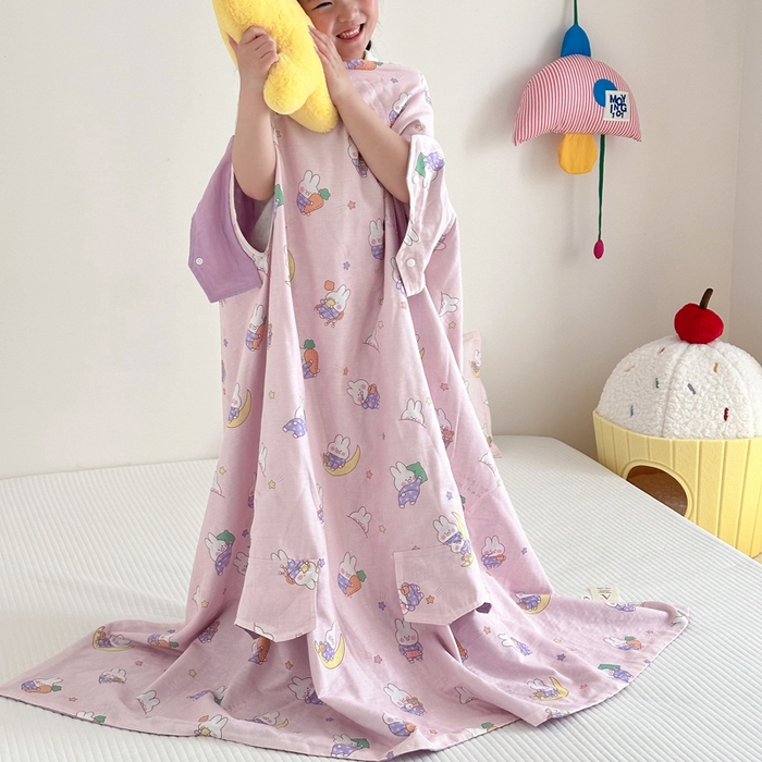 91家纺网 家纺一手货源 找家纺 BOSS 2025新款全棉有氧双层纱多功能防踢盖毯被 晚安兔