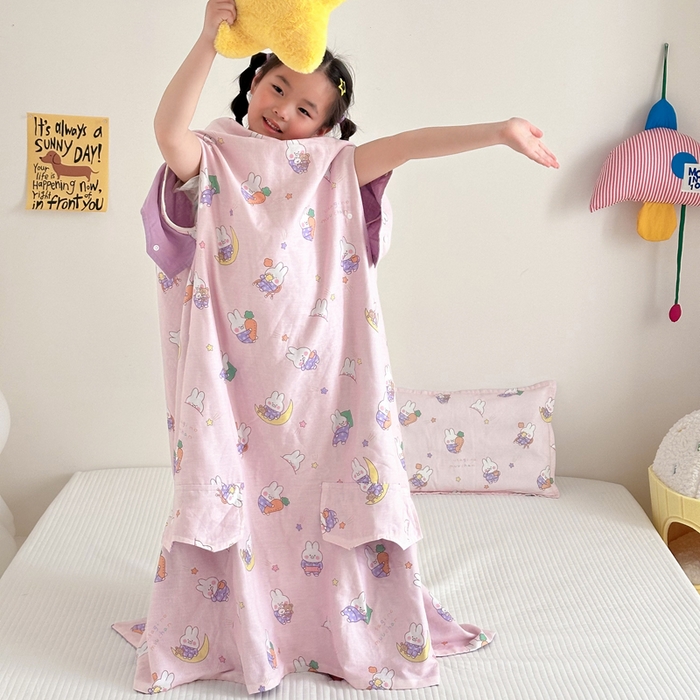 91家纺网 家纺一手货源 找家纺 BOSS 2025新款全棉有氧双层纱多功能防踢盖毯被 晚安兔