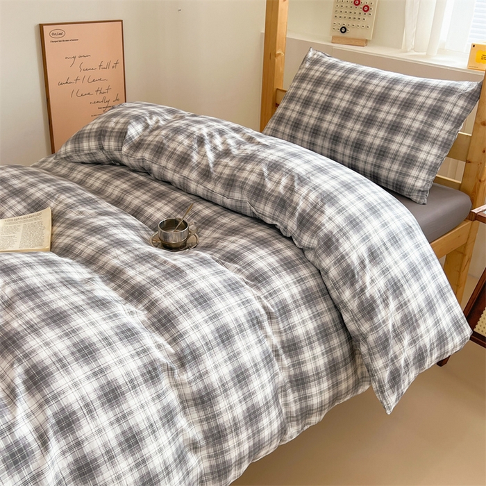 91家纺网 家纺一手货源 找家纺 多品家纺 2025春夏新款超柔水洗棉学生宿舍三件套 简约格