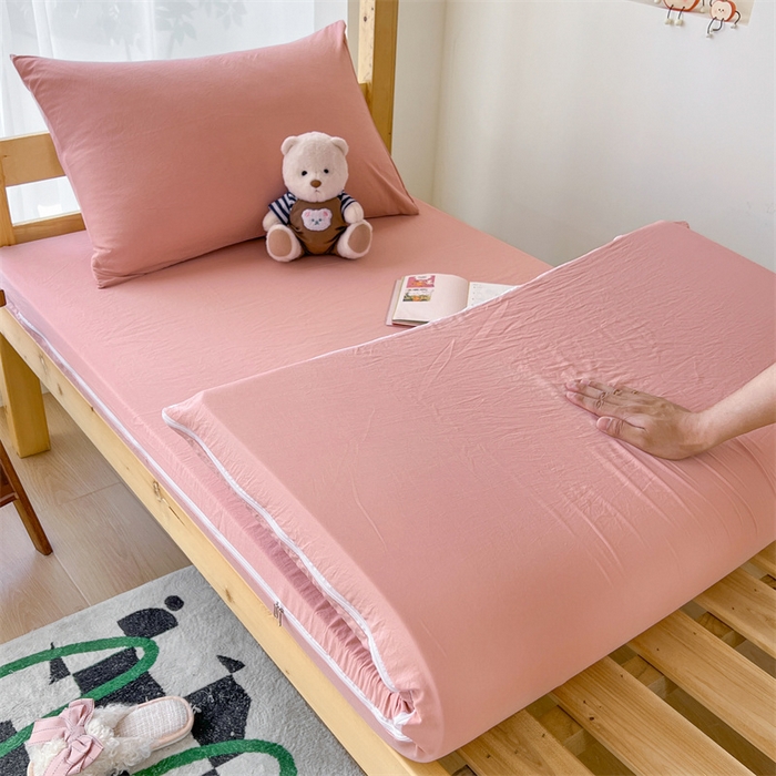 91家纺网 家纺一手货源 找家纺 多品家纺 2025春夏新款超柔水洗棉学生宿舍三件套 蜜桃粉