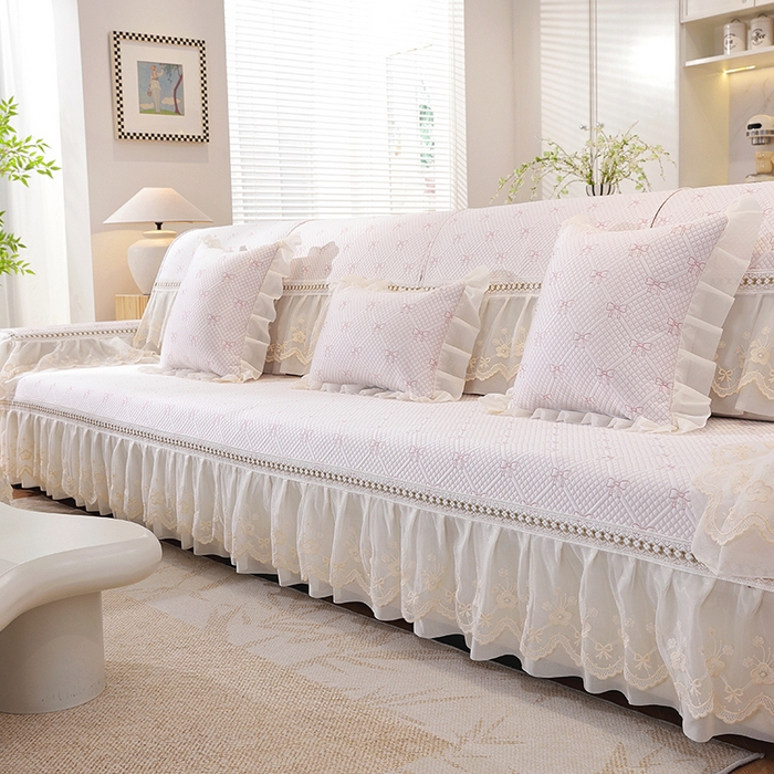 91家纺网 家纺一手货源 找家纺 共鸣沙发垫 2025新款夏凉蝴蝶结沙发直排沙发垫 蝴蝶结浅粉