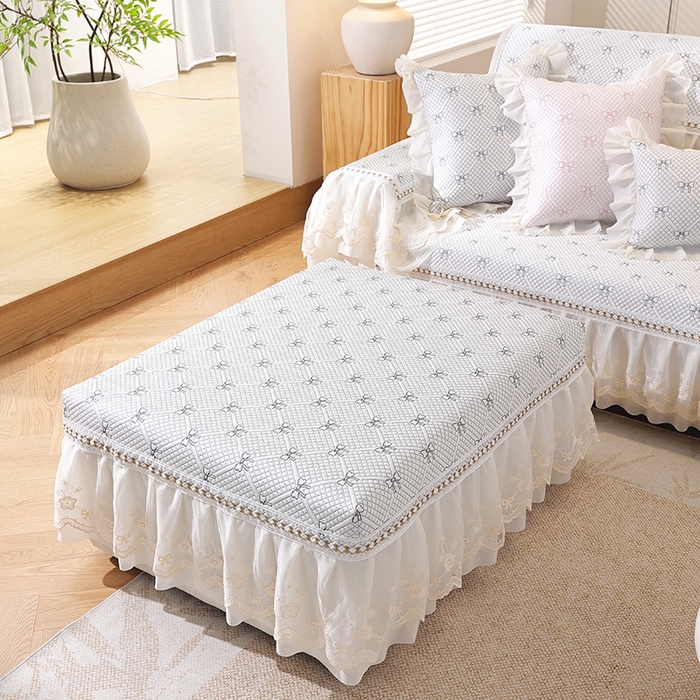 91家纺网 家纺一手货源 找家纺 共鸣沙发垫 2025新款夏凉蝴蝶结沙发直排沙发垫 蝴蝶结浅灰