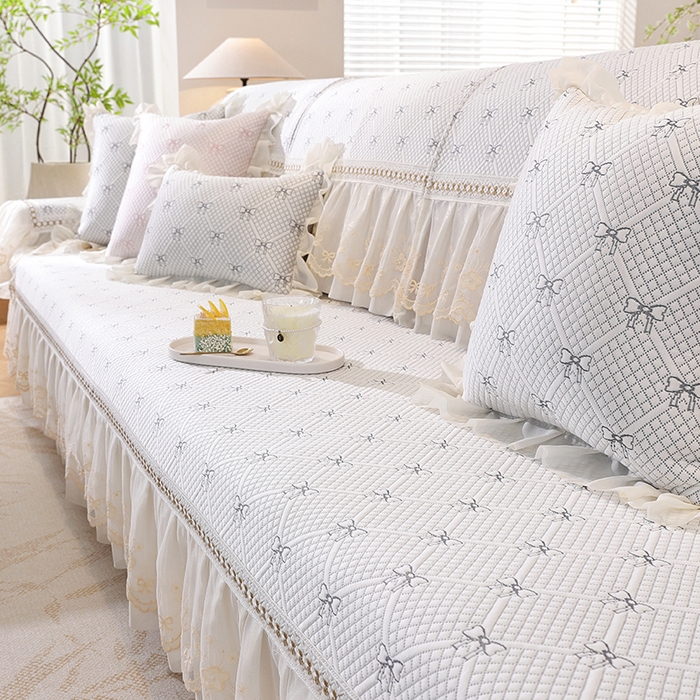 91家纺网 家纺一手货源 找家纺 共鸣沙发垫 2025新款夏凉蝴蝶结沙发直排沙发垫 蝴蝶结浅灰