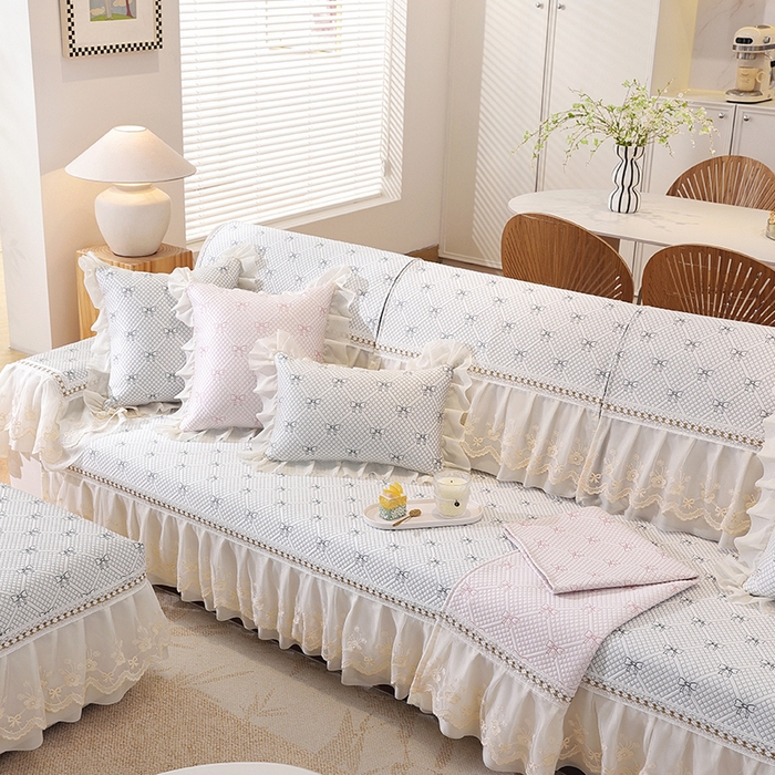 91家纺网 家纺一手货源 找家纺 共鸣沙发垫 2025新款夏凉蝴蝶结沙发直排沙发垫 蝴蝶结浅灰