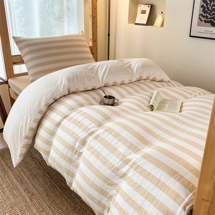 多品家纺 2025春夏新款超柔水洗棉学生宿舍三件套 日系黄条