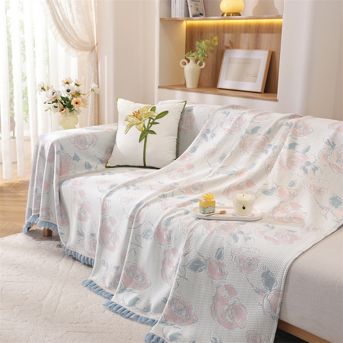 91家纺网 家纺一手货源 找家纺 共鸣沙发垫 2025新款夏季凉感沙发巾 凉感红花