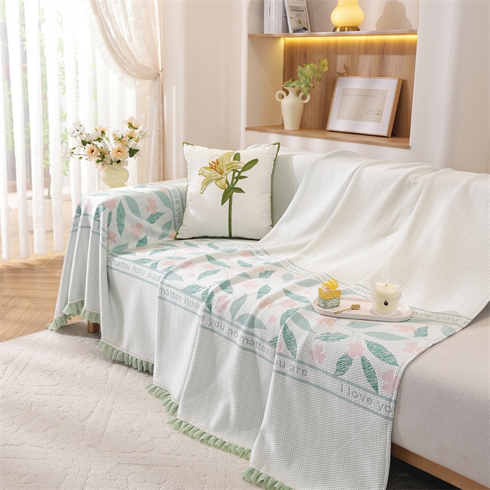 91家纺网 家纺一手货源 找家纺 共鸣沙发垫 2025新款夏季凉感沙发巾 凉感绿叶