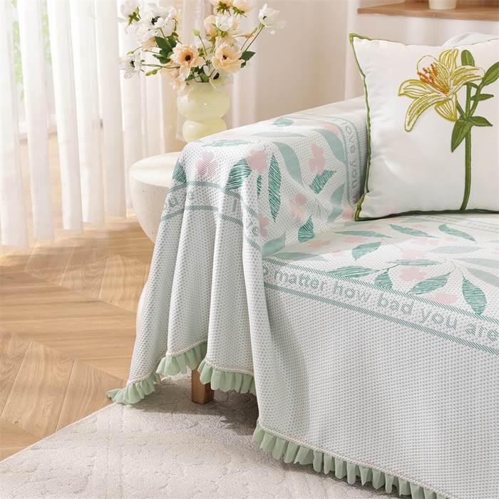 91家纺网 家纺一手货源 找家纺 共鸣沙发垫 2025新款夏季凉感沙发巾 凉感绿叶