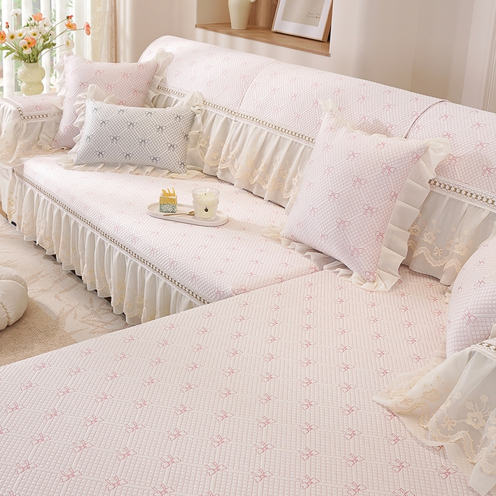 91家纺网 家纺一手货源 找家纺 共鸣沙发垫 2025新款凉感蝴蝶结沙发垫 蝴蝶结浅粉