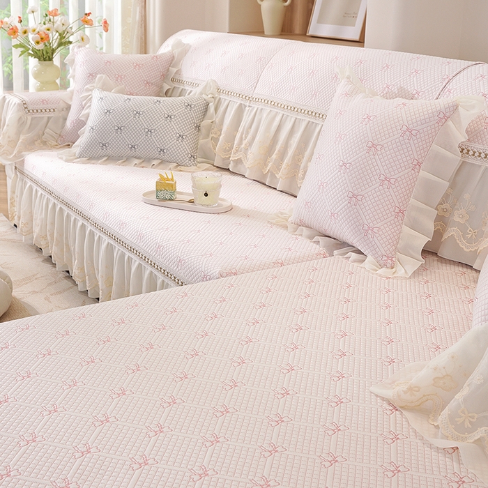 91家纺网 家纺一手货源 找家纺 共鸣沙发垫 2025新款凉感蝴蝶结沙发垫 蝴蝶结浅粉