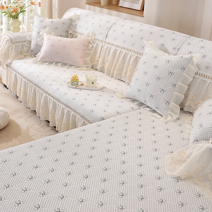 91家纺网 家纺一手货源 找家纺 共鸣沙发垫 2025新款凉感蝴蝶结沙发垫 蝴蝶结浅灰