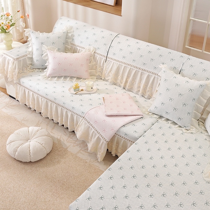 91家纺网 家纺一手货源 找家纺 共鸣沙发垫 2025新款凉感蝴蝶结沙发垫 蝴蝶结浅绿