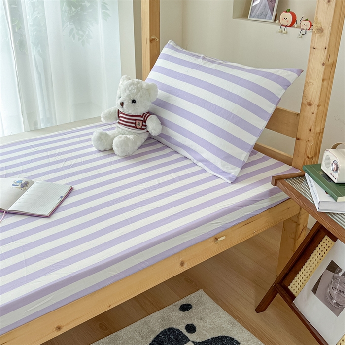 91家纺网 家纺一手货源 找家纺 多品家纺 2025春夏新款超柔水洗棉学生宿舍床笠 丁香紫条