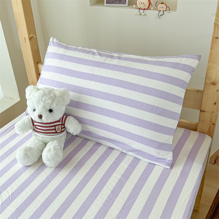 91家纺网 家纺一手货源 找家纺 多品家纺 2025春夏新款超柔水洗棉学生宿舍床笠 丁香紫条