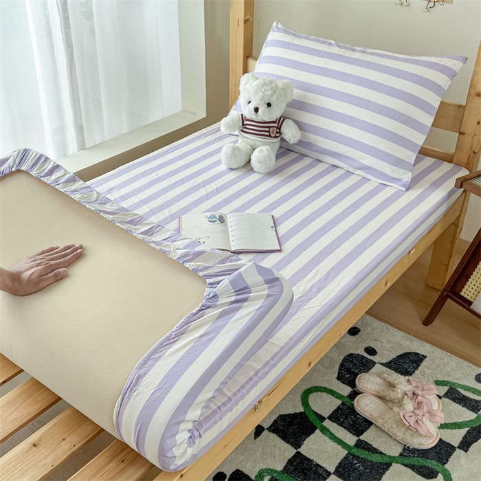 91家纺网 家纺一手货源 找家纺 多品家纺 2025春夏新款超柔水洗棉学生宿舍床笠 丁香紫条