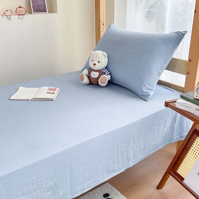 91家纺网 家纺一手货源 找家纺 多品家纺 2025春夏新款超柔水洗棉学生宿舍床笠 灰蓝