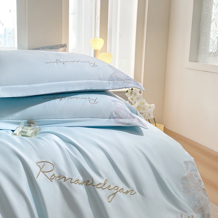 91家纺网 家纺一手货源 找家纺 花愿（原花纪） 2025新款水洗冰丝刺绣四件套-花恋系列 天空蓝